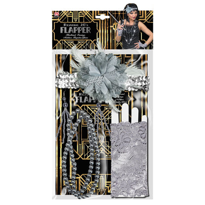 "ROARING 20s FLAPPER" (Paillettenstirnband mit Blumen, Paar Perlenohrringe, Perlenkette, Paar fingerlose Handschuhe aus Spitze)