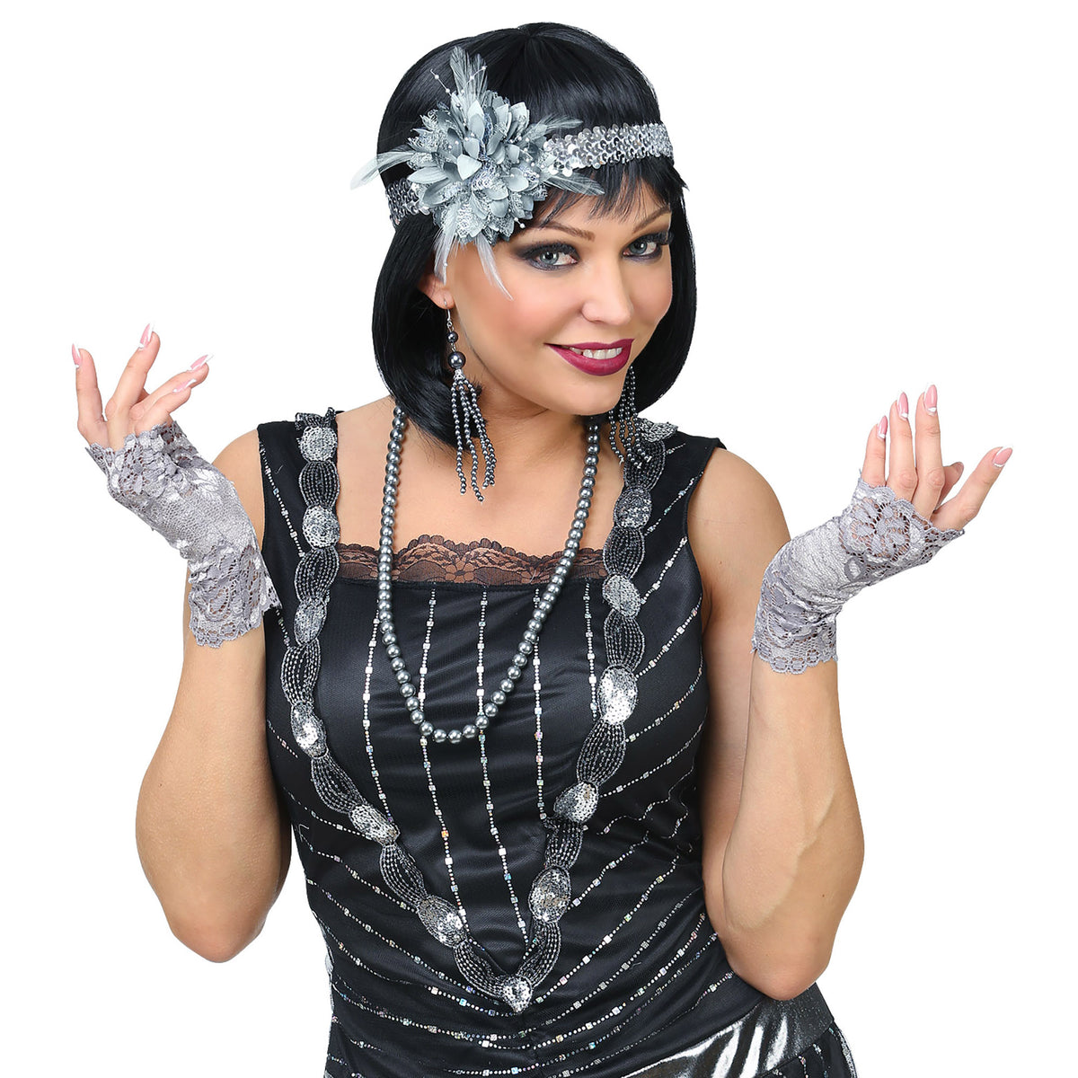 "ROARING 20s FLAPPER" (Paillettenstirnband mit Blumen, Paar Perlenohrringe, Perlenkette, Paar fingerlose Handschuhe aus Spitze)