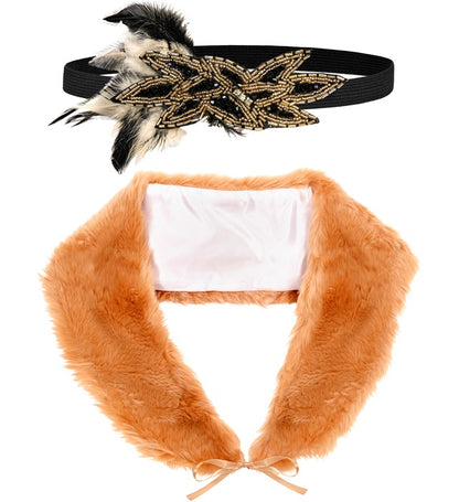 "ROARING 20s FLAPPER" (Stola aus Kunstpelz, Kopfschmuck mit Pailletten & Federn)