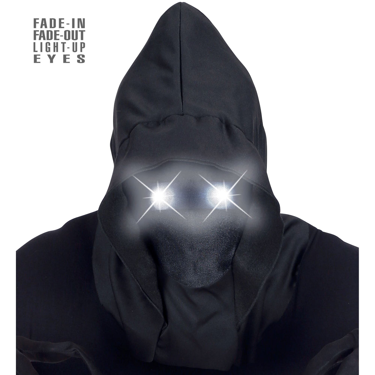 "MASKE UNSICHTBARES GESICHT MIT KAPUZE UND WEIßEN LEUCHTENDEN AUGEN - FADE-IN-FADE OUT EFFEKT"