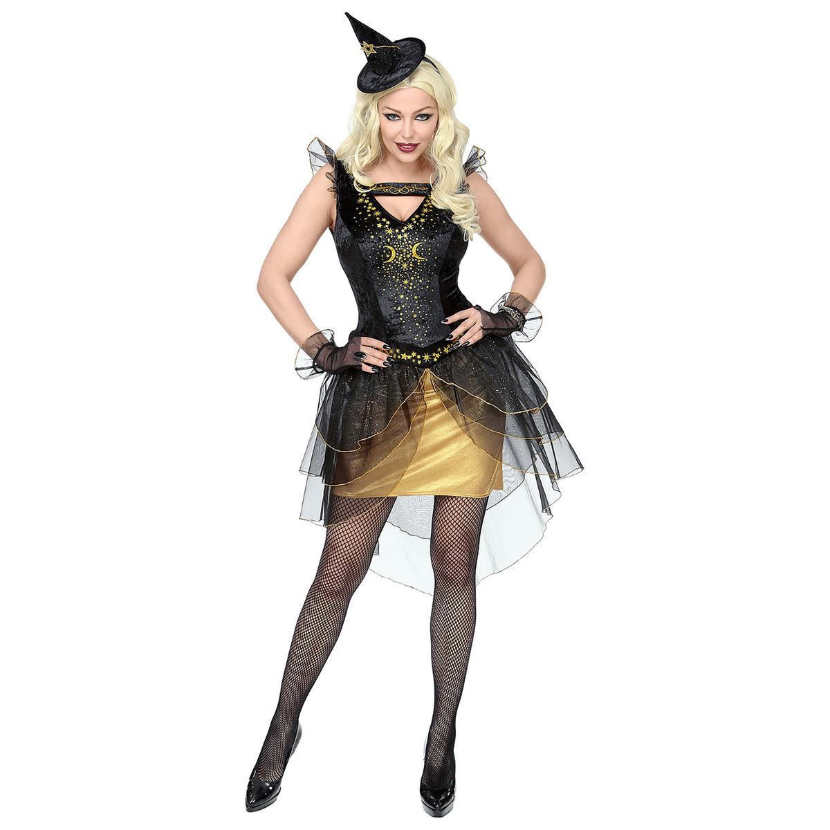 "MITTERNACHTSHEXE" (Kleid, Fingerlose Handschuhe, Minihut)