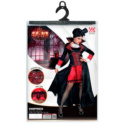 "VAMPIRESS" (Kleid mit langem Mantel, Halsband mit Jabot, Minihut)