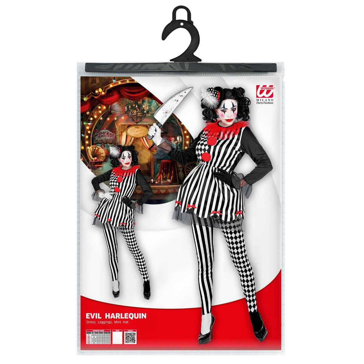 Widmann Horror Harlekina Damenkostüm mit Kleid Leggings und Minihut – Verpackung