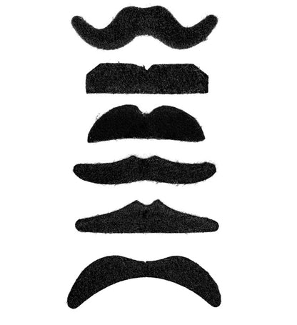 "SCHNURBÄRTE SELBSTKLEBEND SCHWARZ" in 6 Modellen sort.