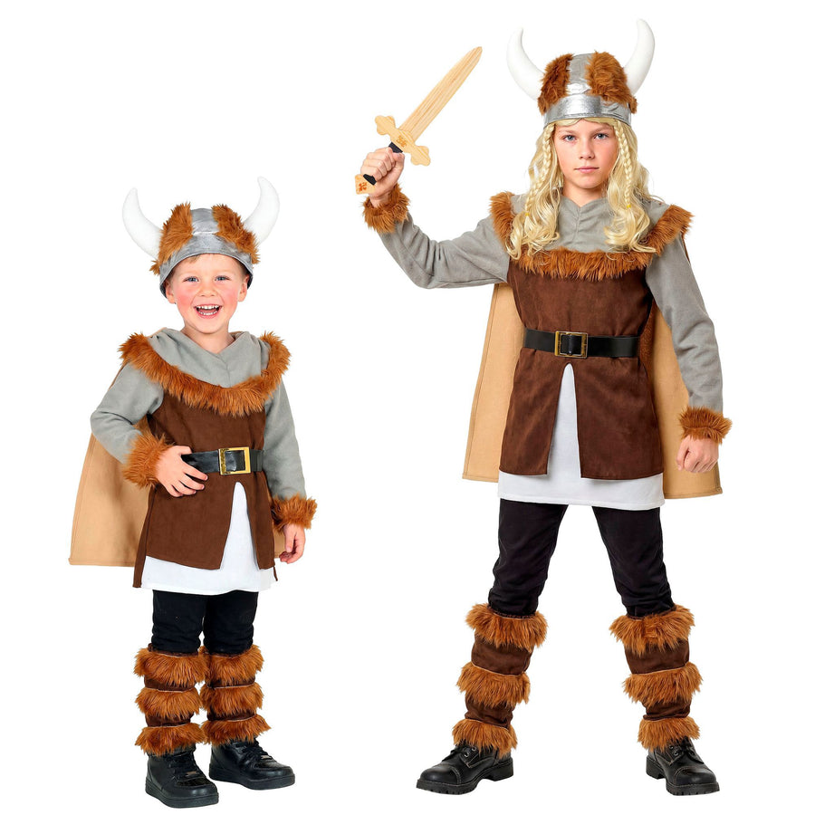 Widmann Wikinger-Kostüm für Kinder mit Tunika, Gürtel, Umhang, Beinstulpen und Helm – Produktansicht