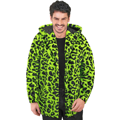 "NEON GRÜNER ANIMALIER LEOPARDENMUSTER PLÜSCHMANTEL MIT KAPUZE"