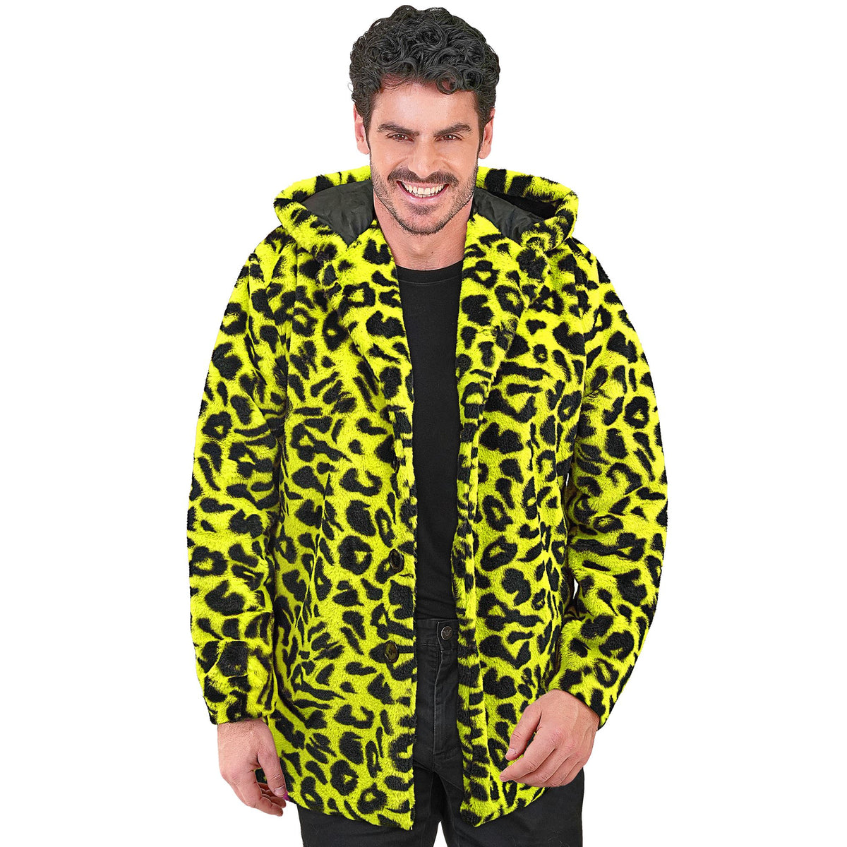 "NEON GELBER ANIMALIER LEOPARDENMUSTER PLÜSCHMANTEL MIT KAPUZE"
