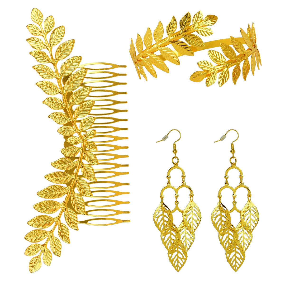 "GOLDENES LORBEERBLATT SCHMUCKSET" (Kopfschmuck, Ohrringe, Armband)