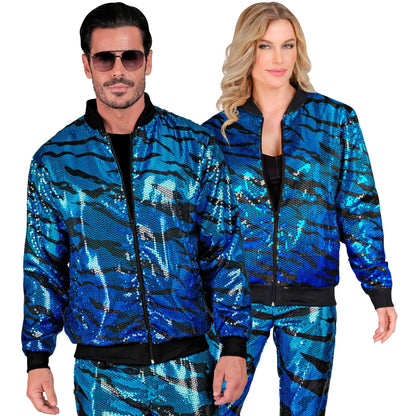 "PARTY FASHION BOMBERJACKE" (Pailletten Bomberjacke in blue waves Muster)