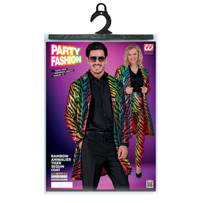 "PARTY FASHION MANTEL" (Paillettenmantel in Tigermuster Regenbogen)