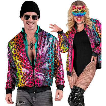 "PARTY FASHION BOMBERJACKE" (Pailletten Bomberjacke in Leopardenmuster Regenbogen)