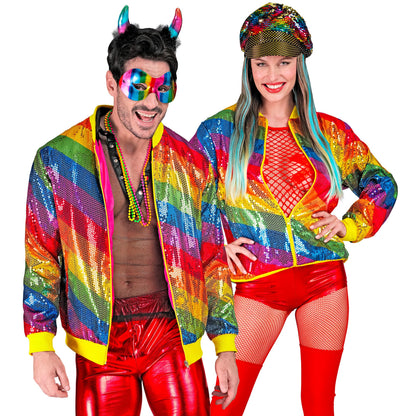 "PARTY FASHION BOMBERJACKE" (Pailletten Bomberjacke in Regenbogen Muster)