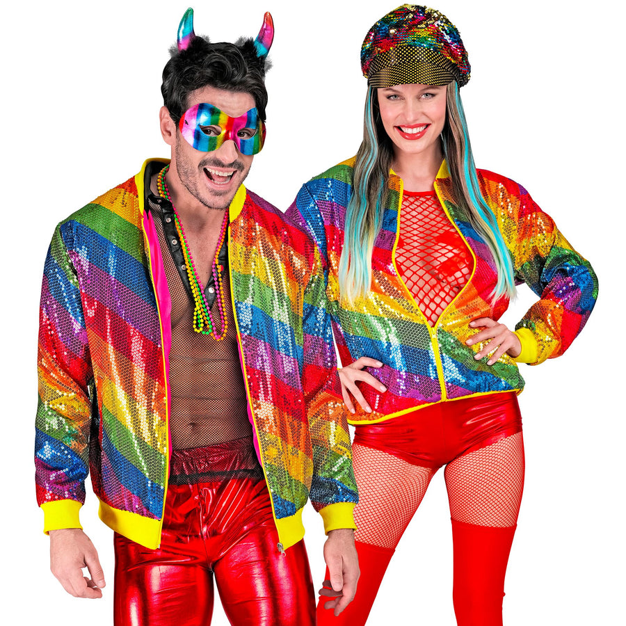 Widmann Party Fashion Pailletten-Bomberjacke in Regenbogenfarben – Detailansicht