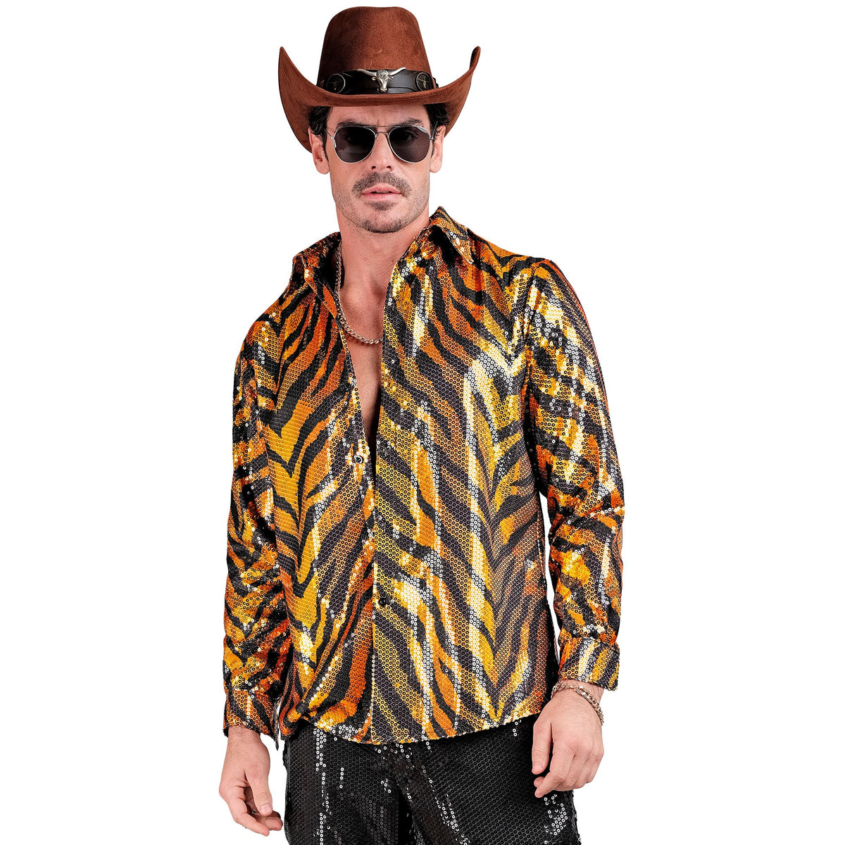 "PARTY FASHION HEMD" (Paillettenhemd in Tigermuster)