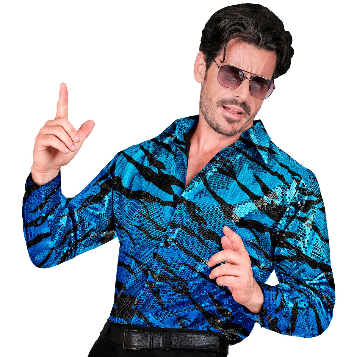 "PARTY FASHION HEMD" (Paillettenhemd in blue waves Muster)