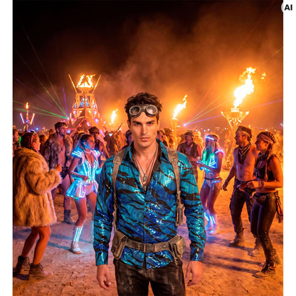 "PARTY FASHION HEMD" (Paillettenhemd in blue waves Muster)