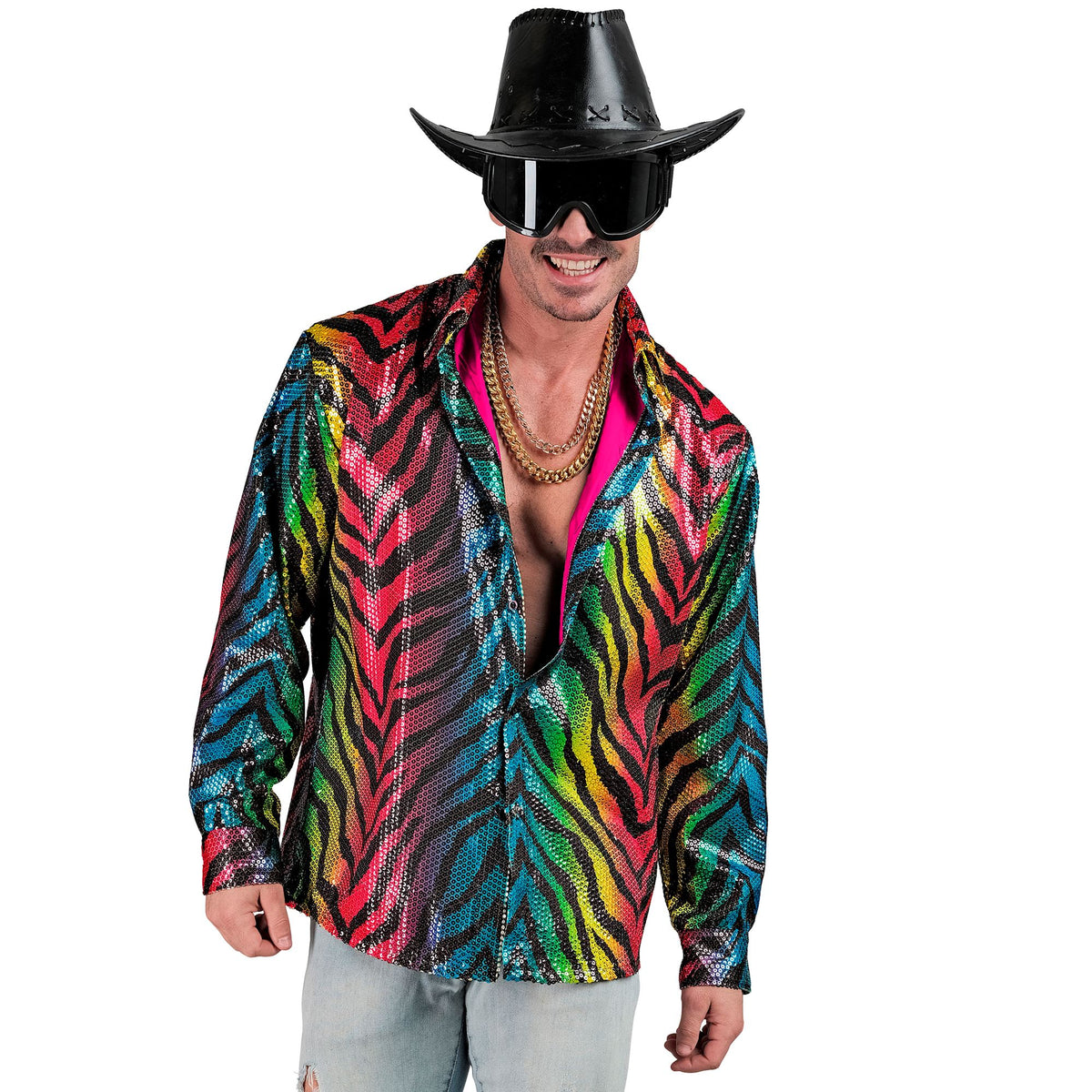 "PARTY FASHION HEMD" (Paillettenhemd in Tigermuster Regenbogen)