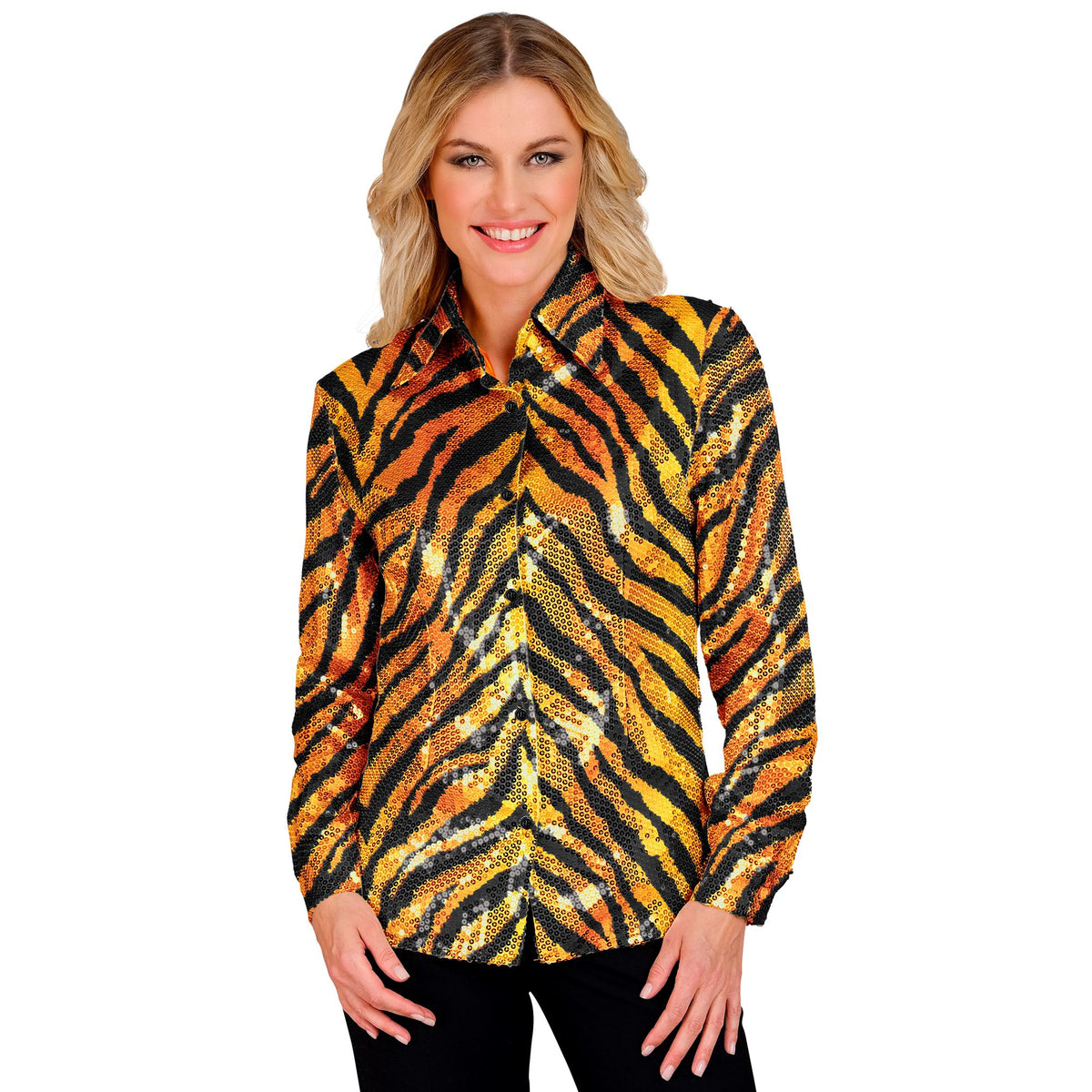 "PARTY FASHION BLUSE" (Paillettenbluse in Tigermuster)