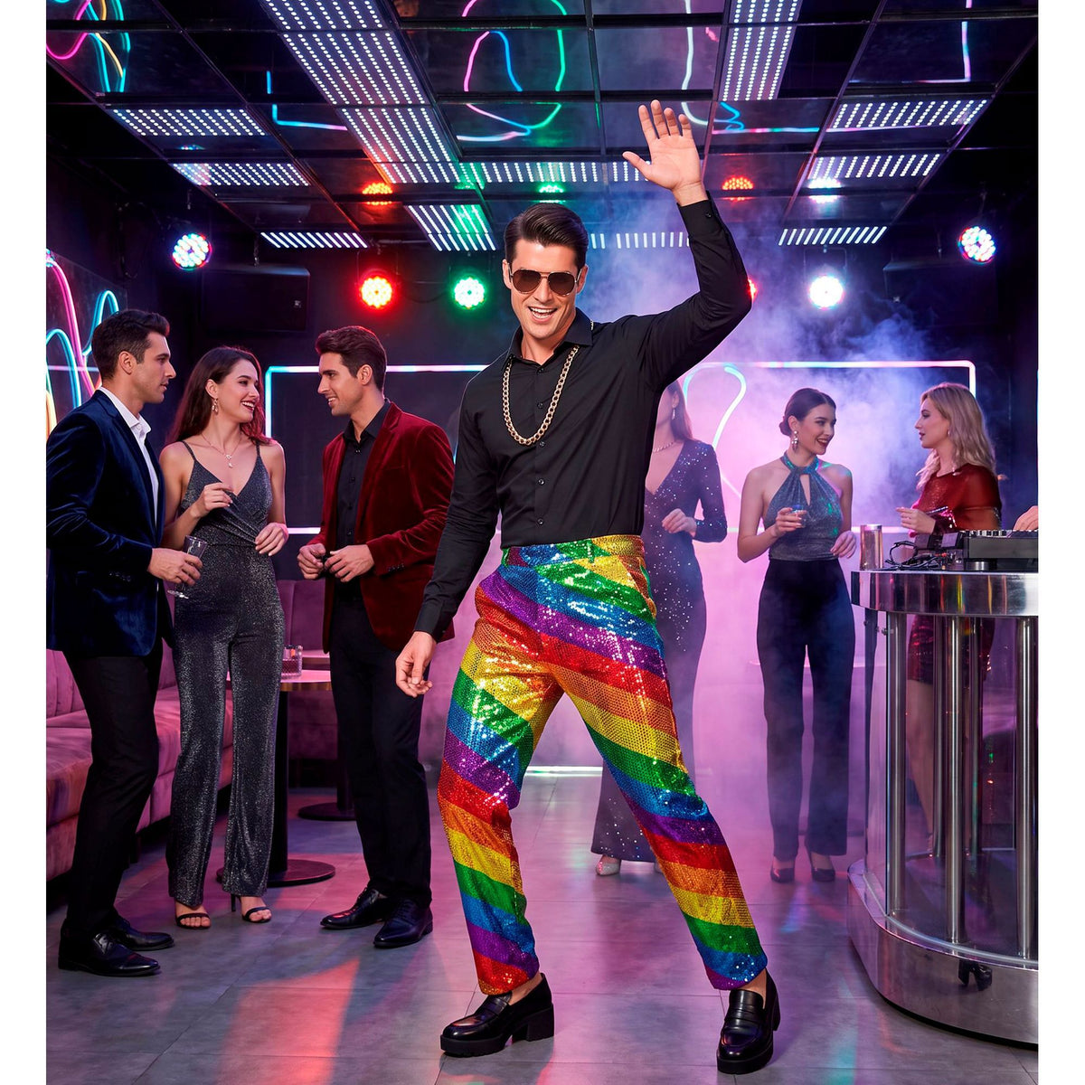 "PARTY FASHION HOSE" (Paillettenhose in Regenbogen Muster)