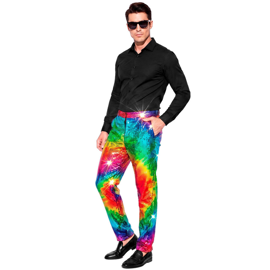 Widmann Paillettenhose im Regenbogen-Tie-Dye-Muster – Detailansicht