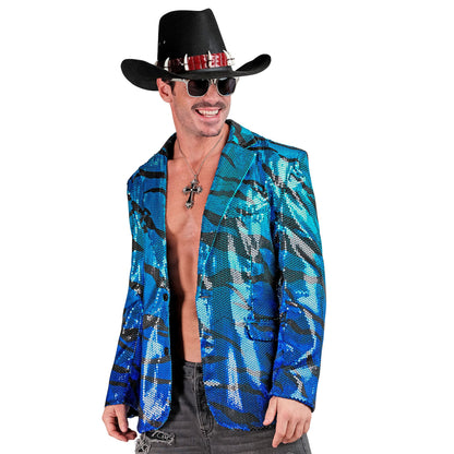 "PARTY FASHION JACKETT" (Pailletten Jackett in blue waves Muster)