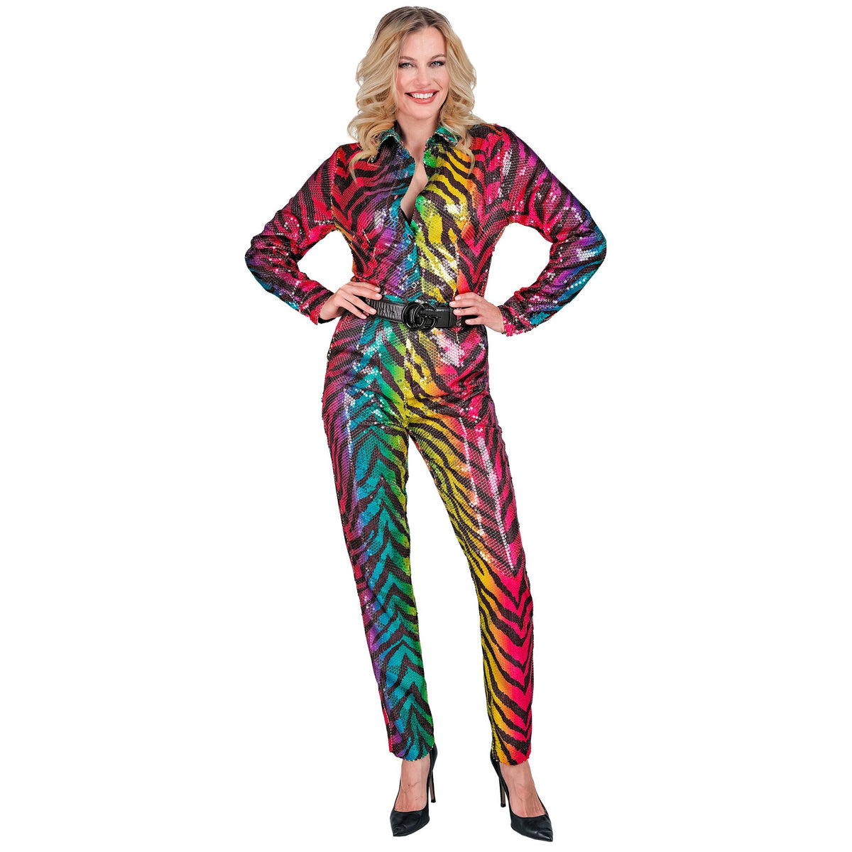 "PARTY FASHION HOSE" (Paillettenhose in Tigermuster Regenbogen)