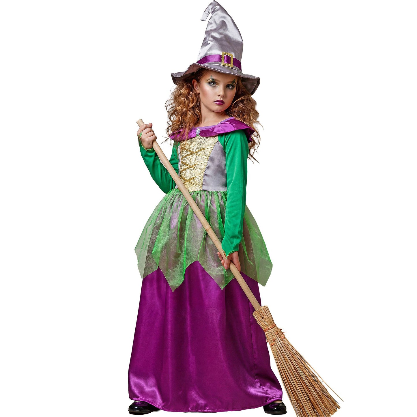 Grünes und violettes Hexenkostüm mit Kleid und Hut für Fasnacht & Mottoparty