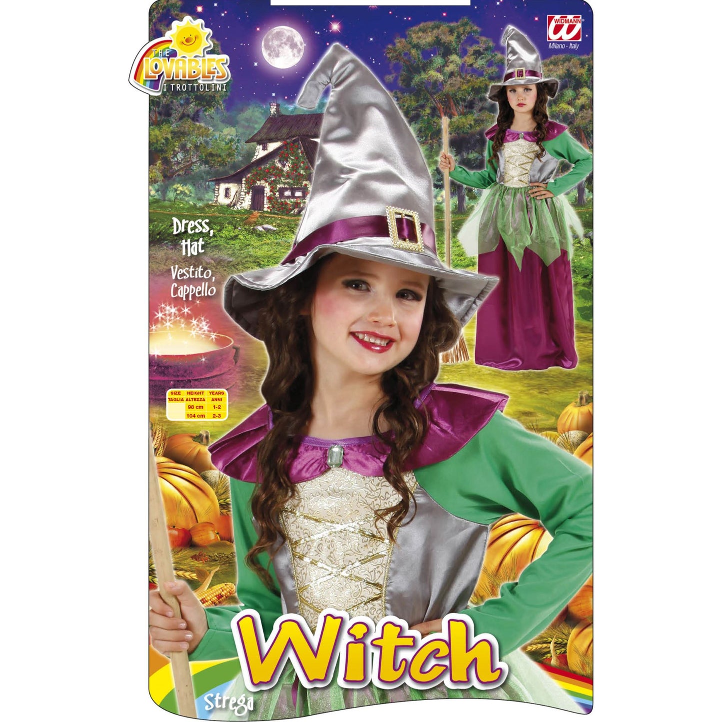 Grünes und violettes Hexenkostüm mit Kleid und Hut für Fasnacht & Mottoparty