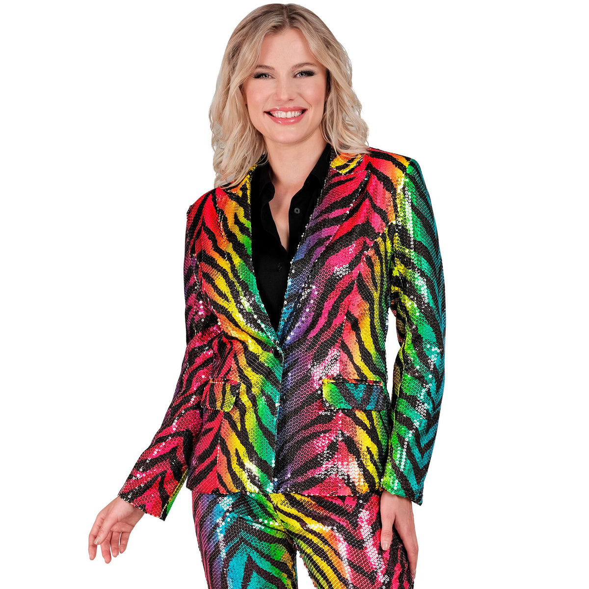 "PARTY FASHION BLAZER" (Pailletten Blazer in Tigermuster Regenbogen)