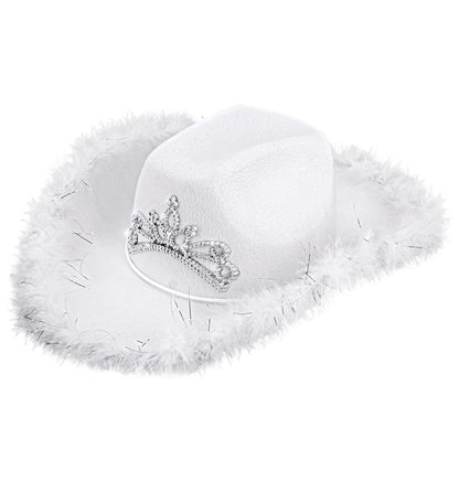 Weisser Cowgirl-Hut mit Tiara, Marabu-Verzierung und silbernen Lametta-Fäden von Widmann – Produktansicht
