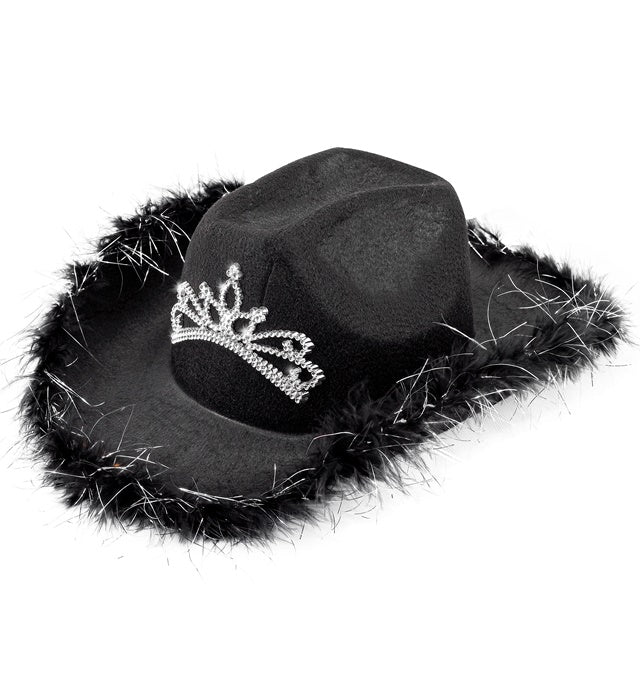"SCHWARZER COWGIRL mit Tiara & Marabu Verzierung mit Lametta Fäden in Silber