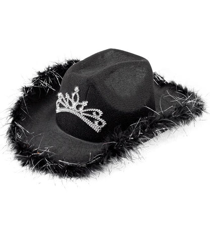 "SCHWARZER COWGIRL mit Tiara & Marabu Verzierung mit Lametta Fäden in Silber