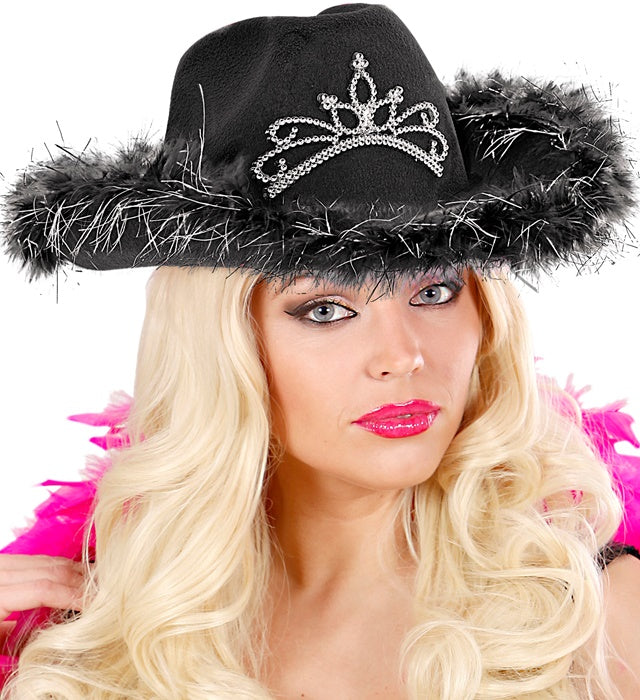 "SCHWARZER COWGIRL mit Tiara & Marabu Verzierung mit Lametta Fäden in Silber