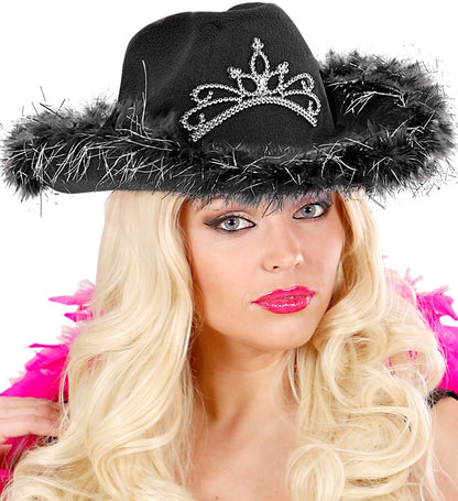 "SCHWARZER COWGIRL mit Tiara & Marabu Verzierung mit Lametta Fäden in Silber