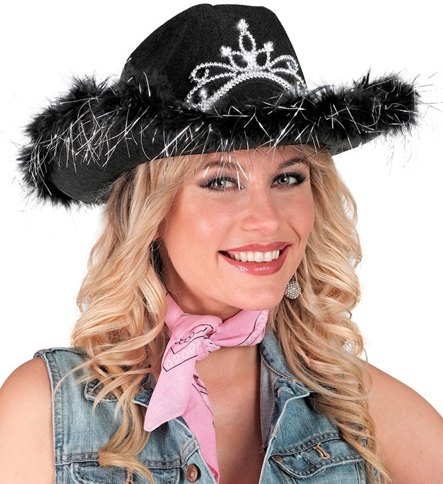 "SCHWARZER COWGIRL mit Tiara & Marabu Verzierung mit Lametta Fäden in Silber