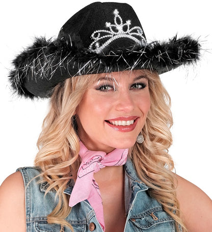 "SCHWARZER COWGIRL mit Tiara & Marabu Verzierung mit Lametta Fäden in Silber
