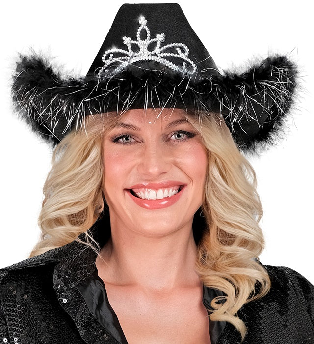 "SCHWARZER COWGIRL mit Tiara & Marabu Verzierung mit Lametta Fäden in Silber