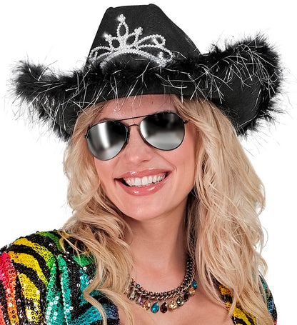 "SCHWARZER COWGIRL mit Tiara & Marabu Verzierung mit Lametta Fäden in Silber