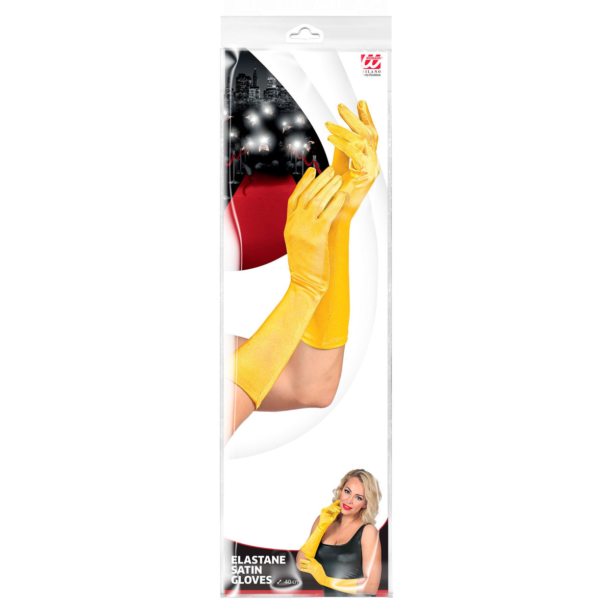 "GELBE SATIN HANDSCHUHE IN ELASTHAN" 40 cm