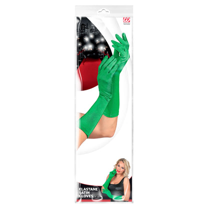 Grüne Satin-Handschuhe aus Polyester, 40 cm, Widmann – Detailansicht