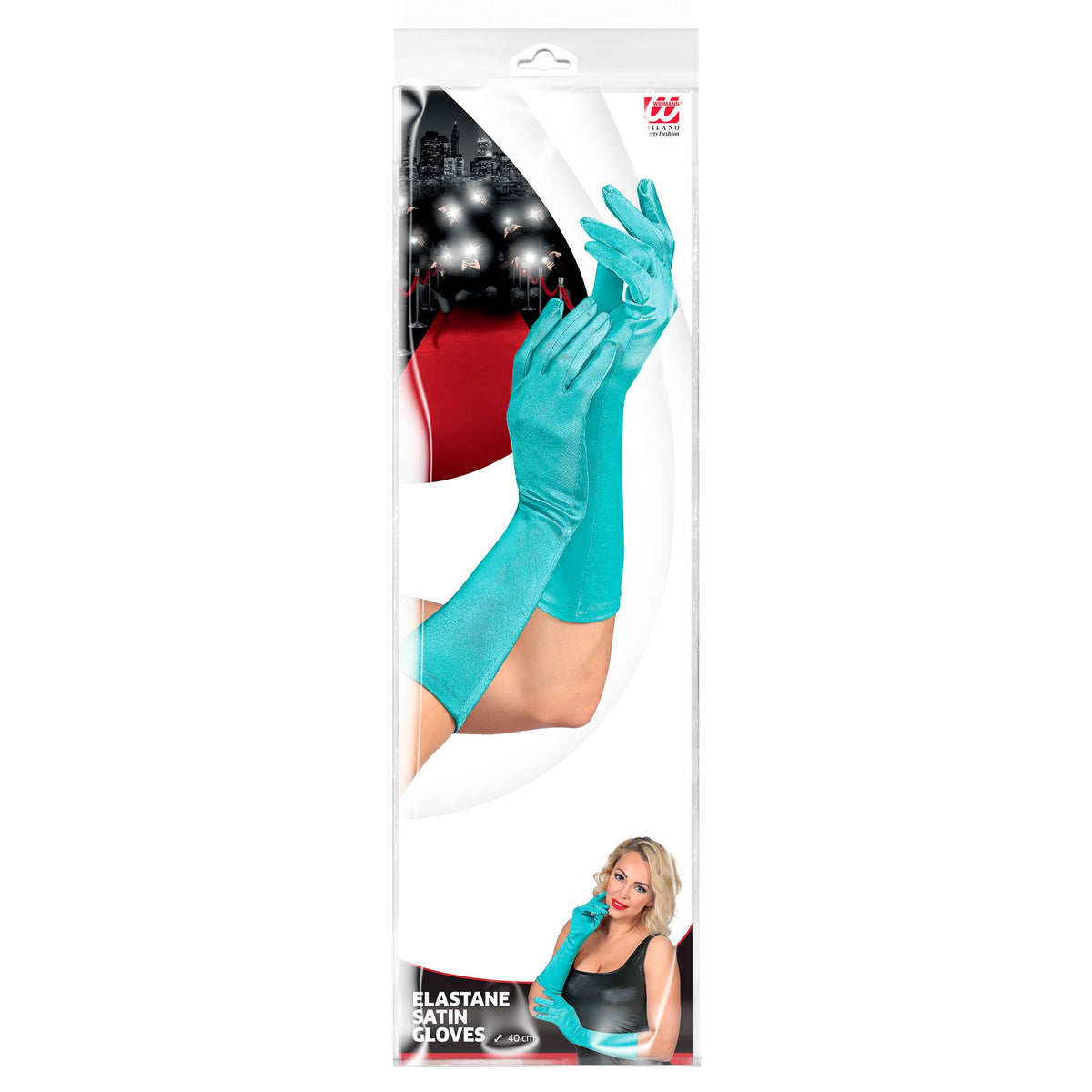 "HELLBLAUE SATIN HANDSCHUHE IN ELASTHAN" 40 cm