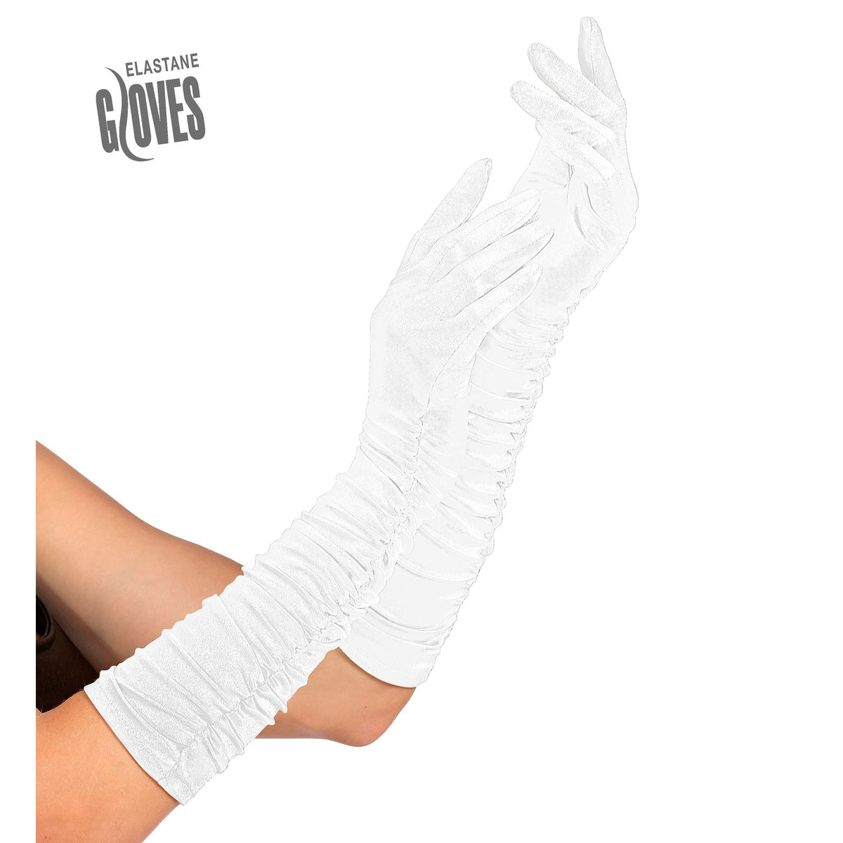 "GERAFFTE WEISSE LANGE HANDSCHUHE IN ELASTHAN" 40 cm - passend auch für Männer