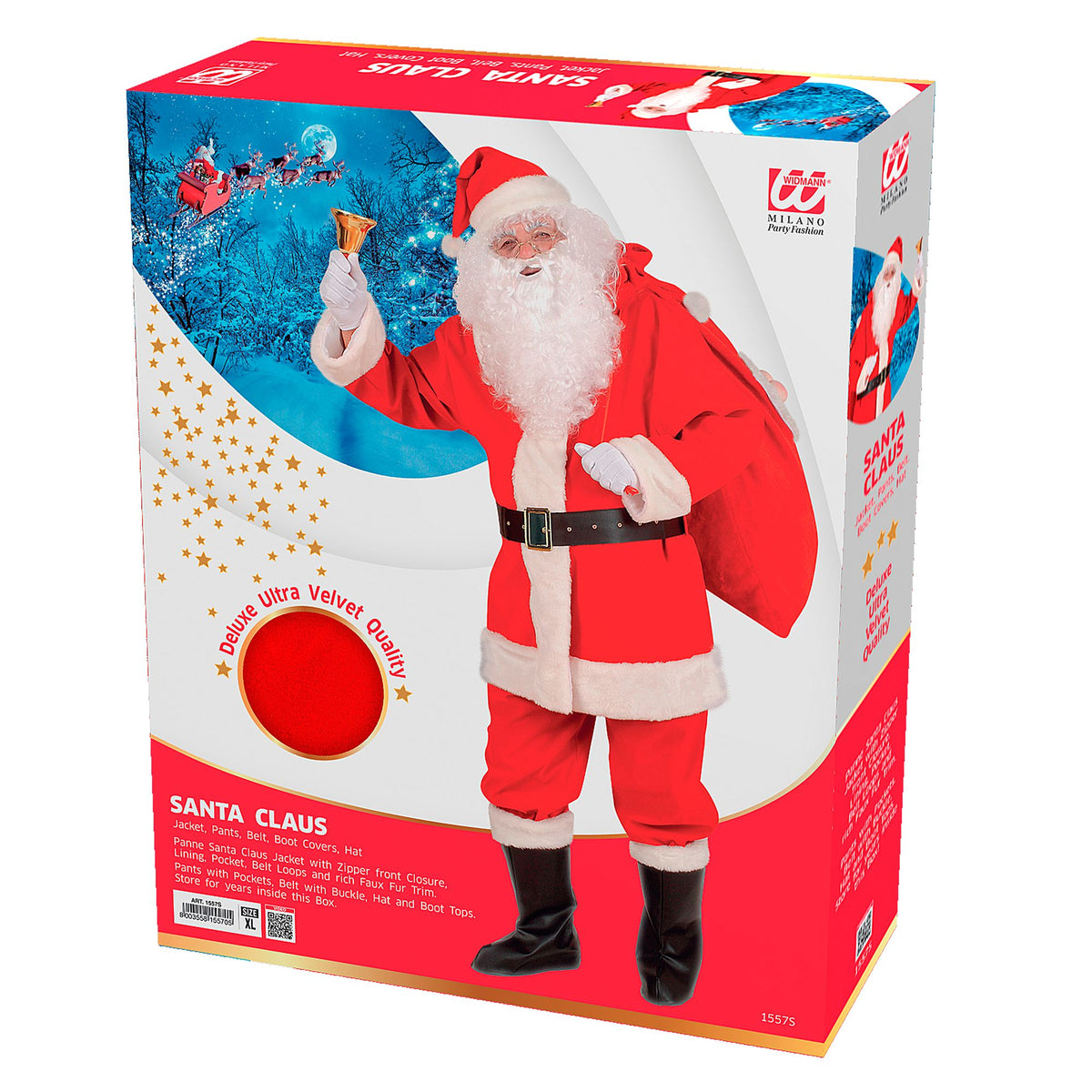 "PROFESSIONELLER WEIHNACHTSMANN" (Jacke, Hose, Gürtel, Stiefelüberzieher und Hut mit Plüschrand) in Schachtel mit Fenster