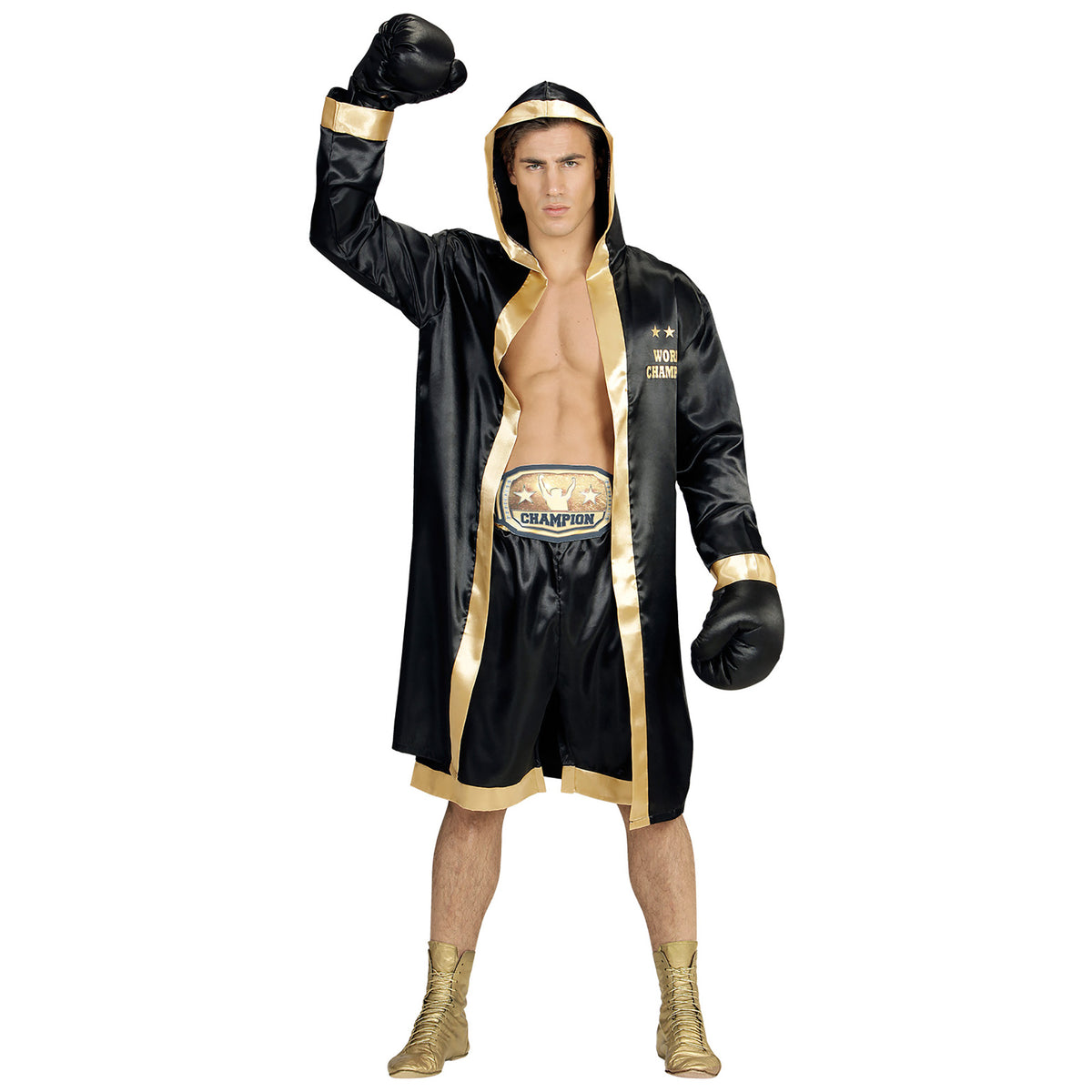 "BOXER WORLD CHAMPION" (Boxermantel mit Kapuze, Shorts, Gürtel, Boxhandschuhe)