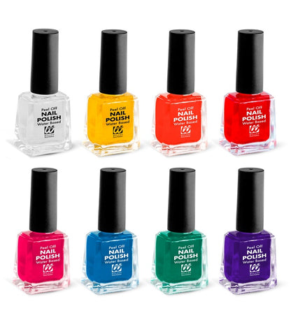 "FARBIGER NAGELLACK - PEEL OFF AUF WASSERBASIS" Display Box - 8 ml, in 8 Farben sort.: 3 rot, 3 weiß, 2 orange, 2 gelb, 2 grün, 2 blau, 2 violett, 2 rosa