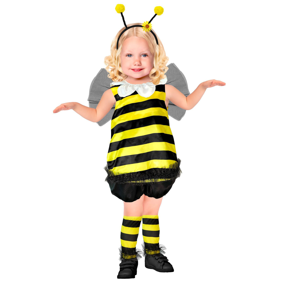 Bienenkostüm für Kinder von Widmann mit Oberteil, Shorts, Stulpen, Flügeln und Fühlern – Rückansicht