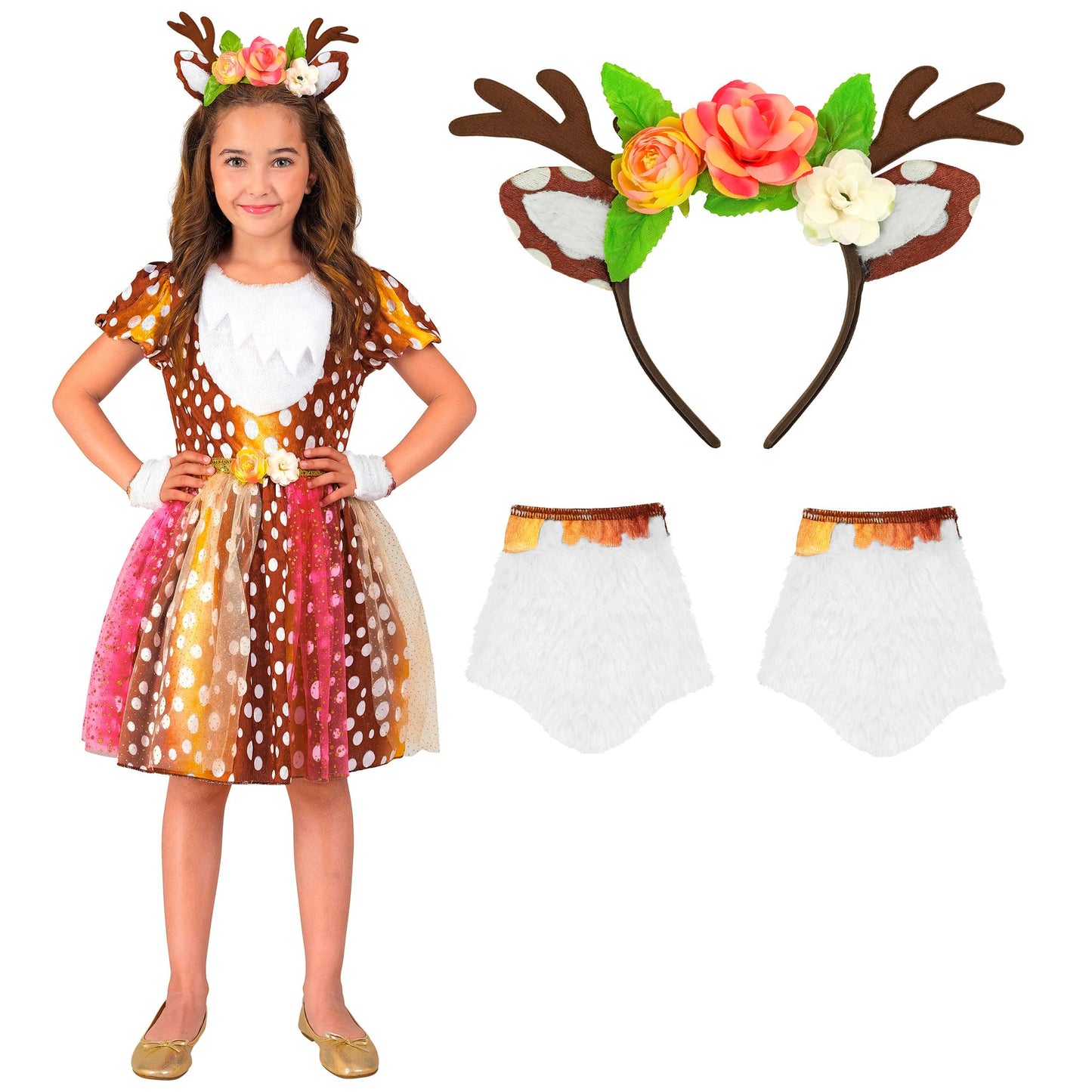 Widmann Reh-Kostüm für Kinder mit Kleid, Kopfschmuck und fingerlosen Handschuhen – Detailansicht