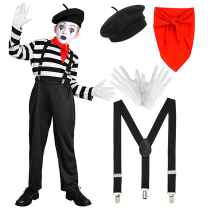 "PANTOMIME" (Oberteil, Hose, Hosenträger, Halstuch, Handschuhe, Mütze)