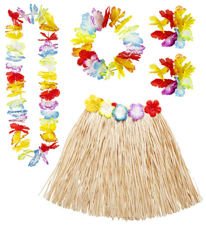 "NATURFARBENES HAWAII-SET" (Bastrock mit Blumengürtel, Halskette, Stirnband, 2 Armbänder)