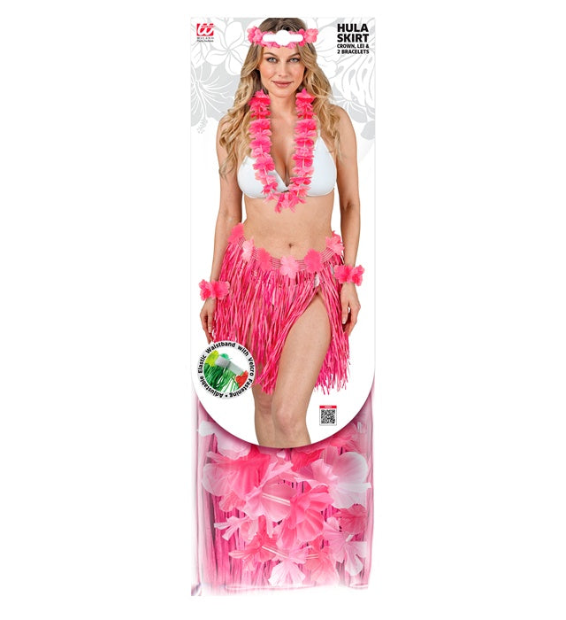 Widmann pinkes Hawaii-Set mit Bastrock und Partyaccessoires – Verpackung